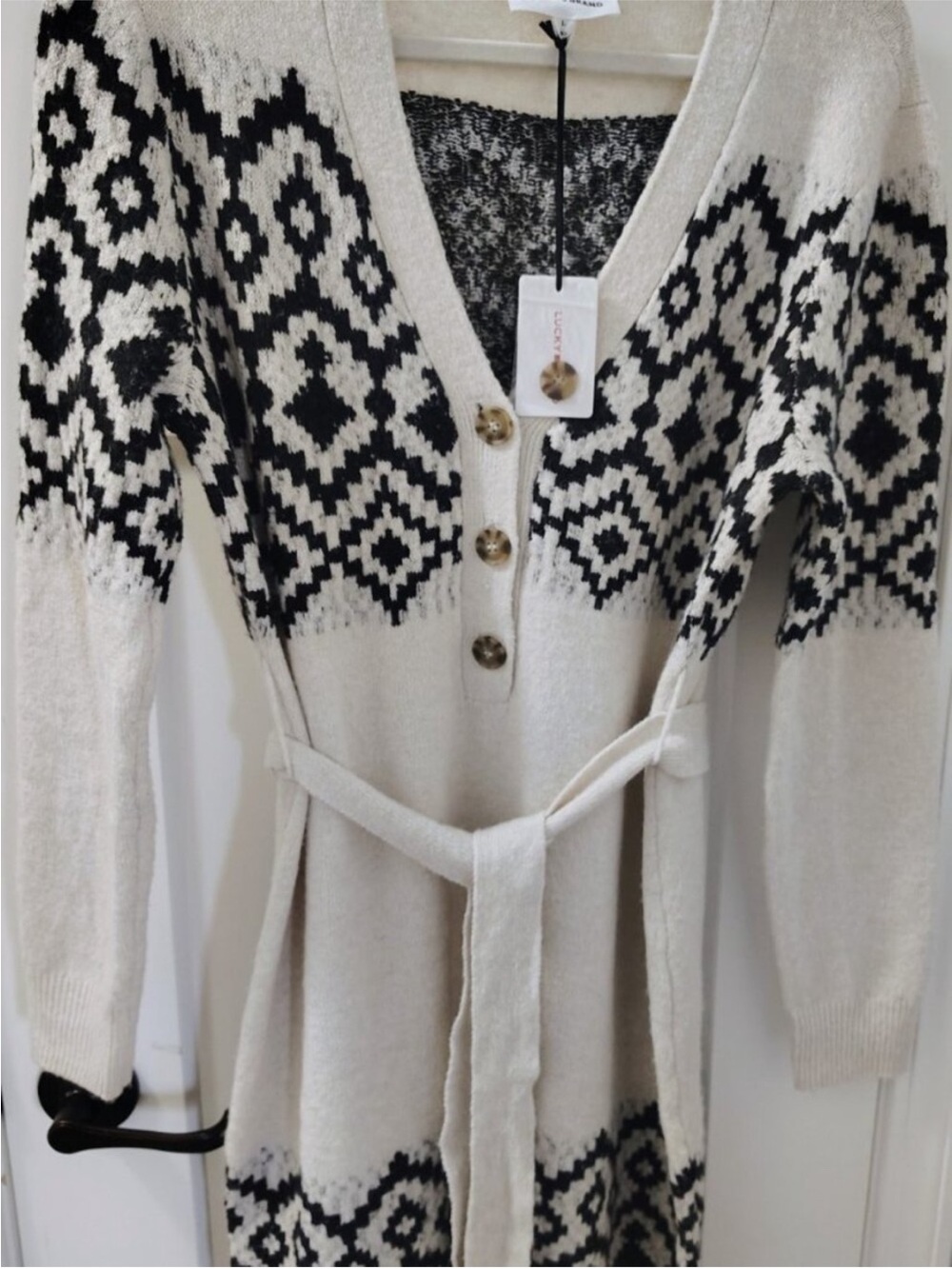 Lucky Brand Cream and Black Fair Isle Belted Knit Cardigan Dress - Picture 2 of 8